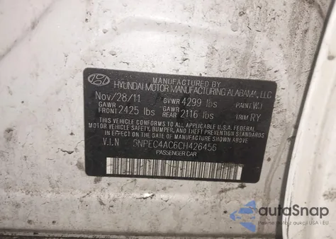 2012 Hyundai Sonata Se z USA, uszkodzony, nr VIN 5NPEC4AC6CH426456